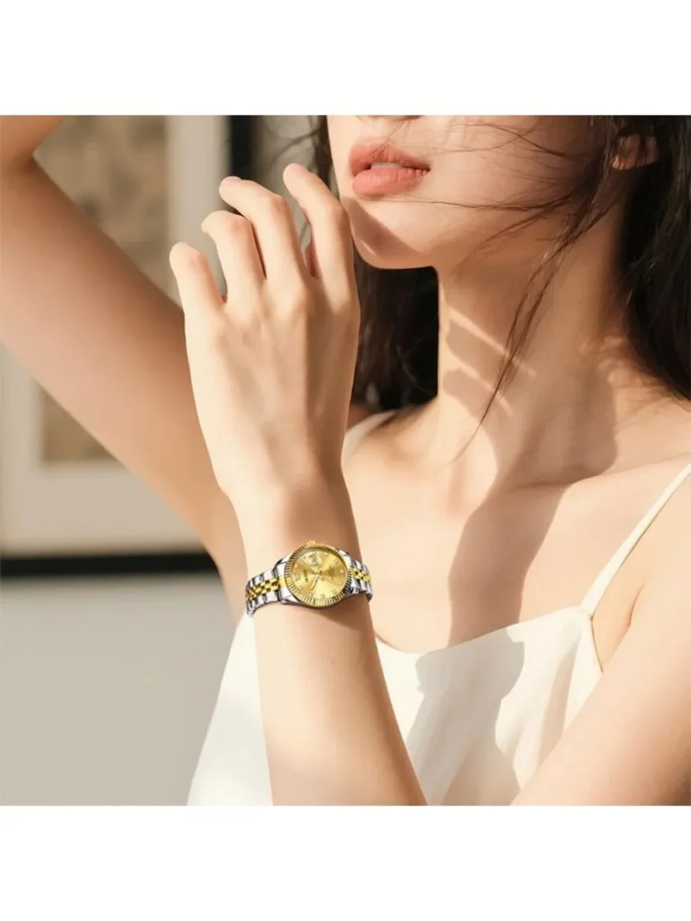 Women's Gold Two Tone Luxury Dress Diamond Stainless Steel Waterproof Wristwatch